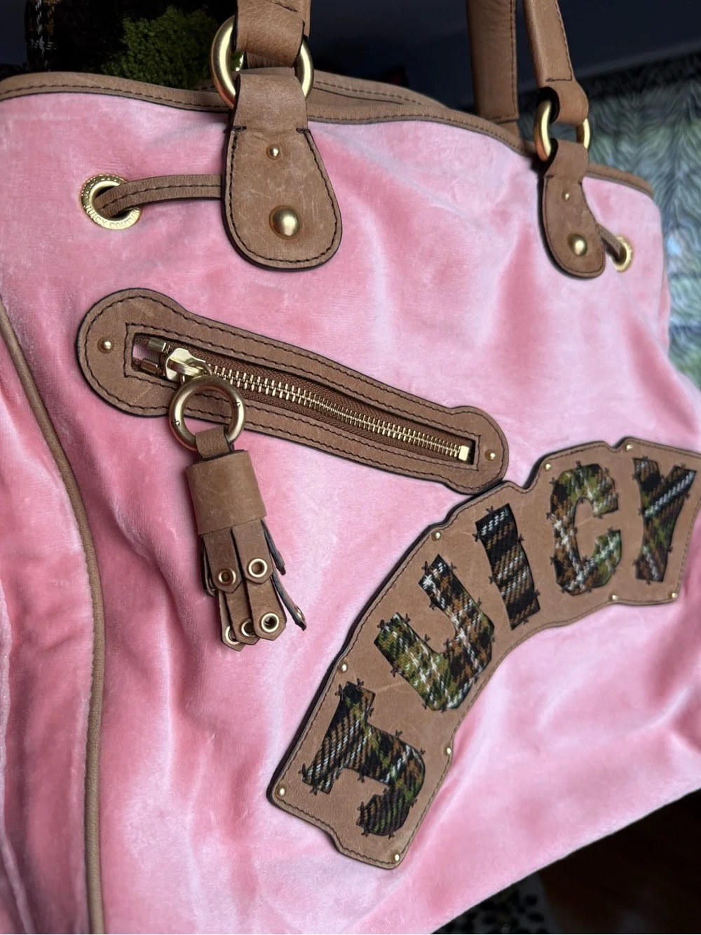 RARE Juicy Couture Preppy Pink Velour Tote with Tan Leather Trim
